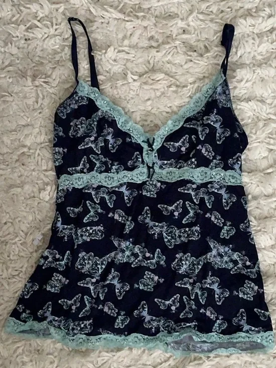 Y2K Navy Blue Lace Trim Butterfly Cami Top - Picture 1 of 4